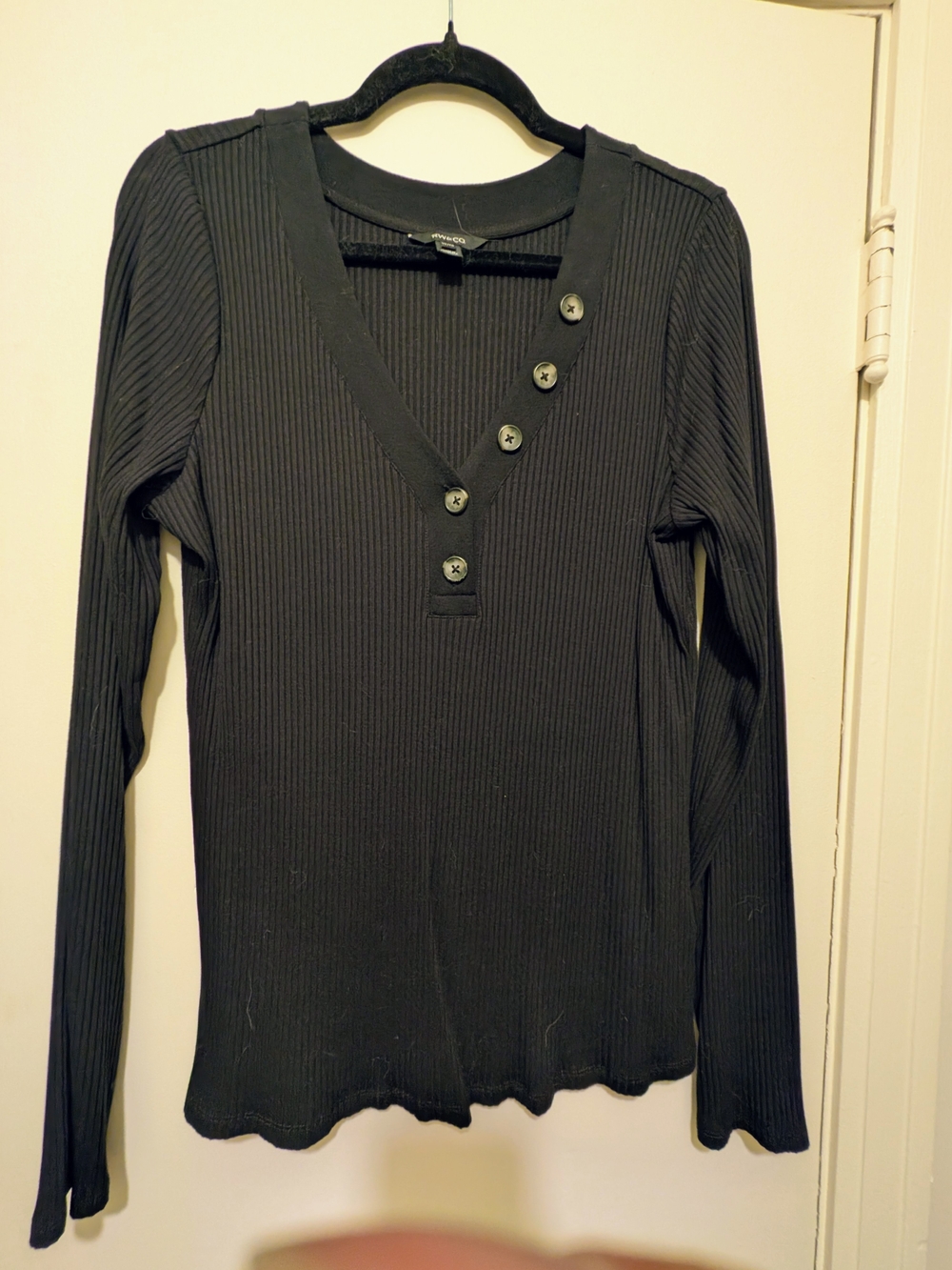 Black Ribbed Long-Sleeve Henley Top with Button Detail